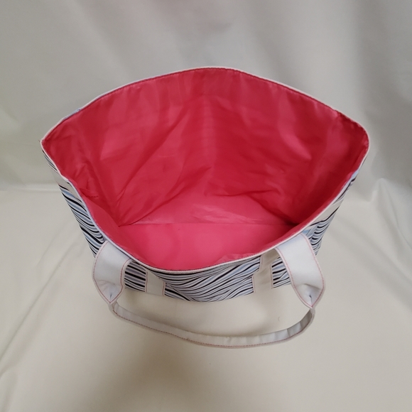 Estee Lauder Medium Tote Bag Stripe Blue White Navy Lined Pink Polyester Canvas - Picture 3 of 10